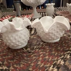 Fenton Vintage Hobnail Milk Glass  Small Ruffled And Crimped Dishes