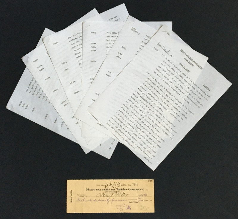 1938 RUDY VALLEE HOTEL ASTOR ROOF RADIO SCRIPT w/ SIGNED CHECK FRED COOTS