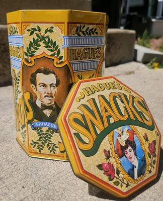 Vintage Hague s Snacks Octagon Tin Box Hinged Lid 7  Tall England