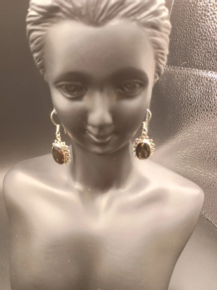 Brincos de prata esterlina 925 genuíno quartzo esfumaçado oval cabochão gancho pendente 1,5" - Imagem 2 de 4