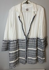 Chico's Embellished Cotton White Navy Blue Fringe Eyelet Jacket Size 3 16/18