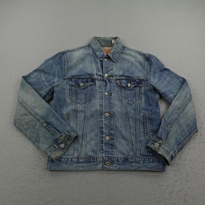 Levis Jacket Mens Medium Blue Denim Trucker Jean Faded Distressed Coat Type 3
