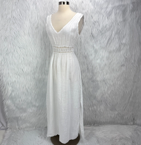 Terzo Millennio White Linen Maxi Dress Sz M Sheer Crochet Side Slits Beachy Boho