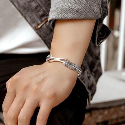 Retro 925 Sterling Silver Feather Cuff Bangle Vintage Bracelet