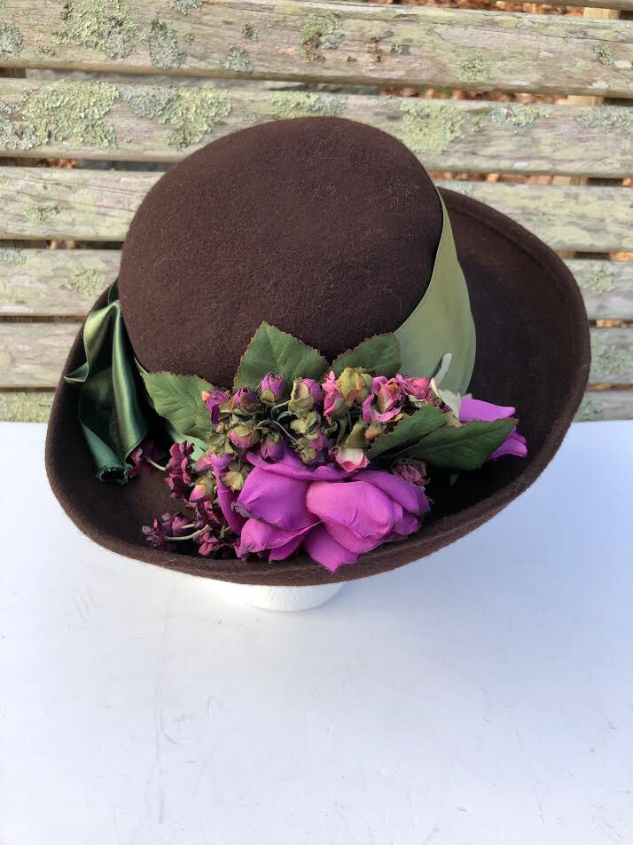 VTG 80s Brown wool felt hat with abundant purple flowers and silk ribbon  FAB!