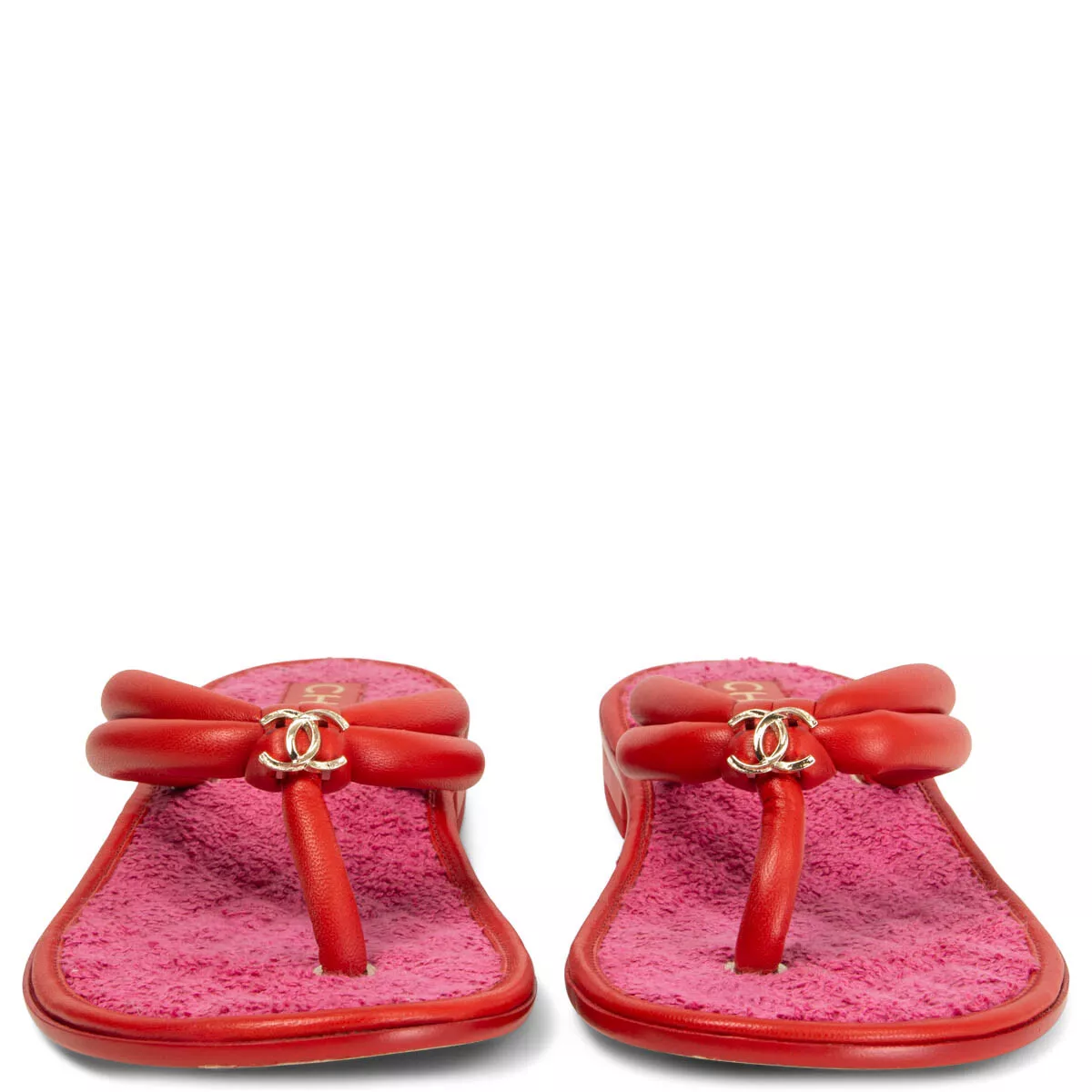 65783 auth CHANEL red leather & pink TERRY CLOTH FLAT THONG Sandals  Shoes 38.5