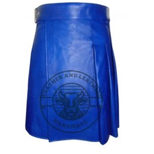 Handcrafted Men's Blue Genuine Leather Pleated Utility Kilt - Adjustable Waist