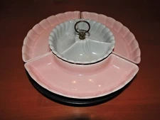 Mid Century California Pottery Pink & Gray Chip and Dip with Lazy Susan 300B