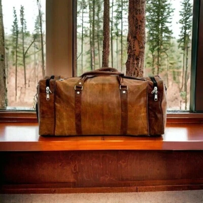Sac en cuir bagage de voyage sac de sport noir week-end gym nuit véritable vi... - Photo 1/4