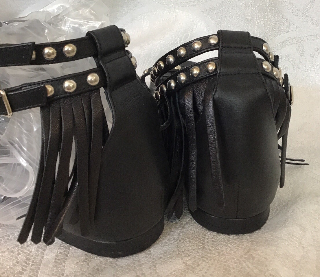 Sandalo Saint Laurent nero doppia fibbia con frange borchie nu pedine taglia 37 1 2