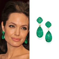 ANGELINA JOLIE, GENUINE ZAMBIAN EMERALD MASTERPIECE EARRINGS 925 STERLING SILVER