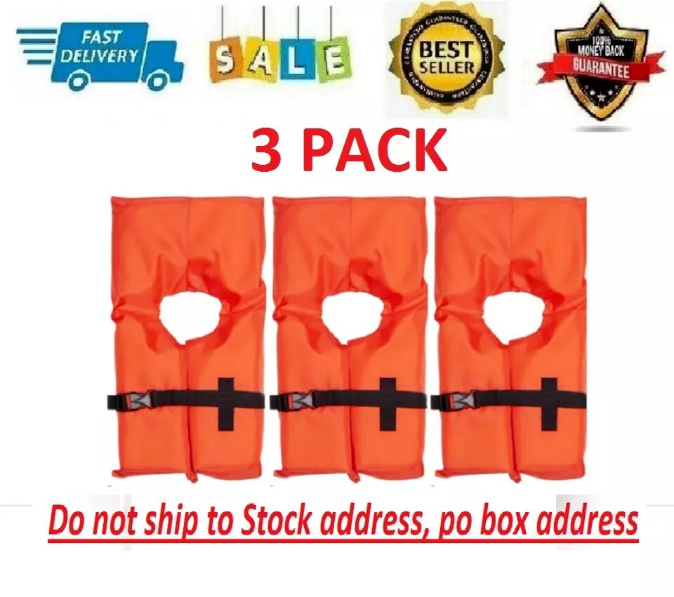3 Pack Type II Life Jacket Vest, Orange, USCG Approved, Adult Fishing Boating