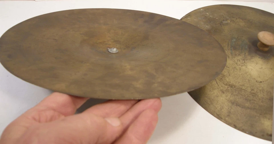 VINTAGE PAIR 12" DIAMETER CRASH CYMBALS W/WOODEN HANDLES - Image 4 of 4