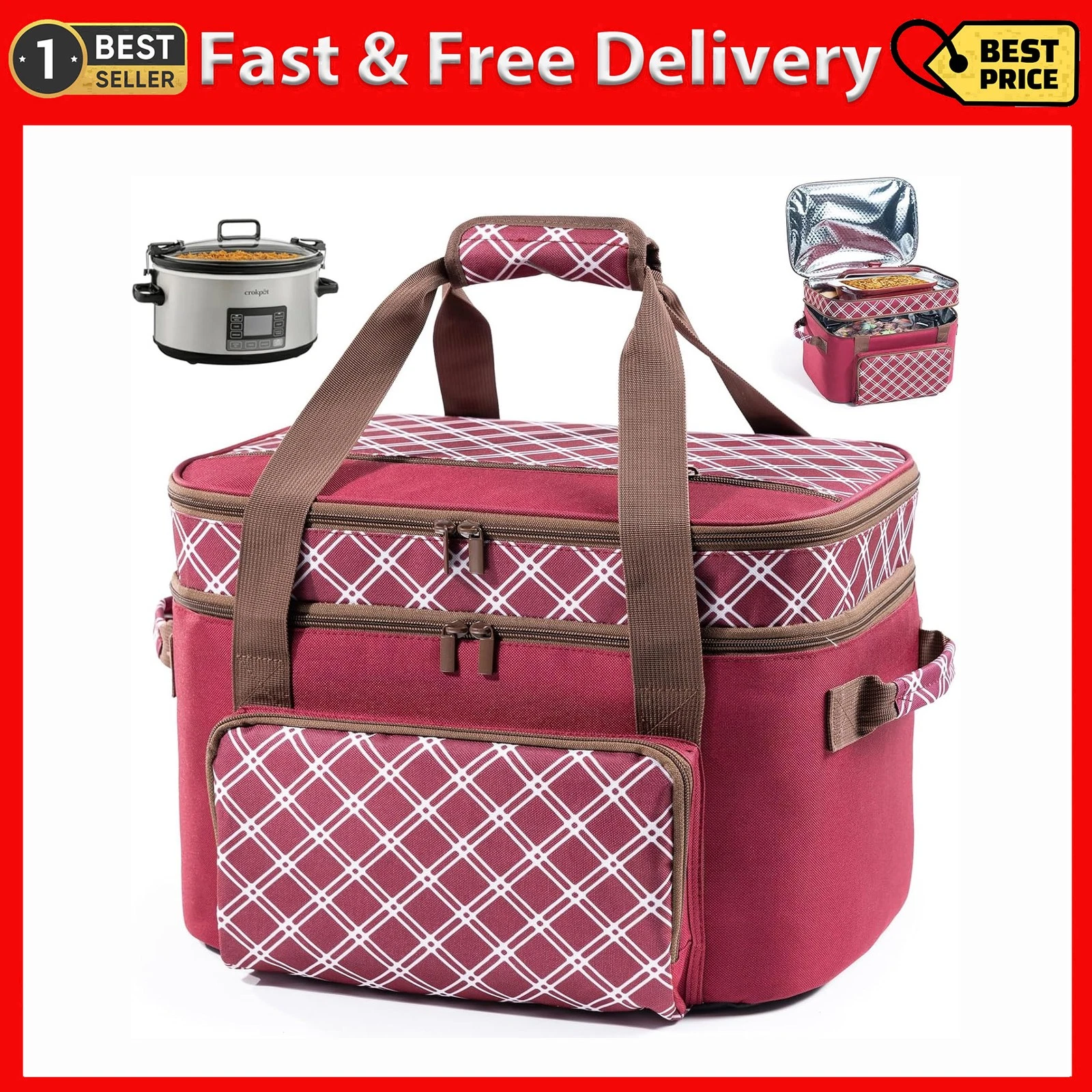 Double Layer Slow Cooker Carrier Bag – Fits 6–8 Qt Oval Slow Cooker Compatibl...