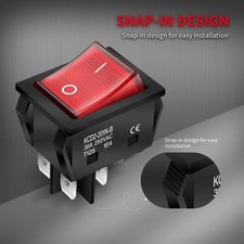1x Rocker Switch 30A 250V Heavy Duty KCD2 ON OFF DPST 4 Pin With Red Light
