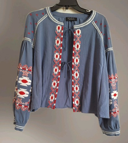 RD + Koko Anthropologie Embroidered Top/Jacket  Blue/Red Sz  L Boho Tribal 