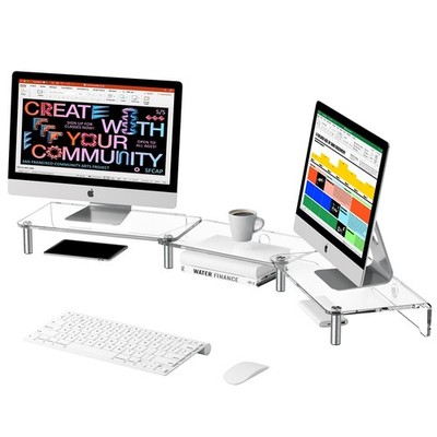 Dual Monitor Stand Riser, 3-Layer Acrylic, Adjustable Length, Angle, Clear