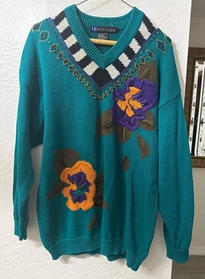 Vintage I.B. Diffusion Teal Floral Embellished Sweater Size Large