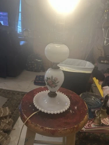 Vintage Milk Glass Hurricane Lamp With “Gone With The Wind” Design