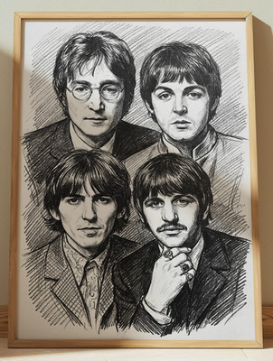 THE BEATLES DRAWING PRINT GROUP PORTRAIT SKETCH 8''x10'' THE BEATLES WALL ART