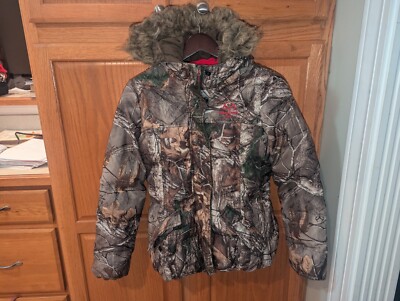 Hooded faux fur Realtree puffer jacket Women size S Small Camo Camouflage  fleece