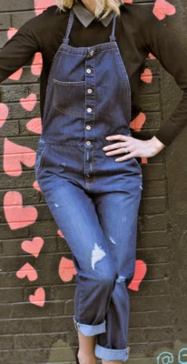 GLAM Combinaison Salopette Jean bleu foncé effet used Distressed Dos nu ZARA T S - Photo 1/3