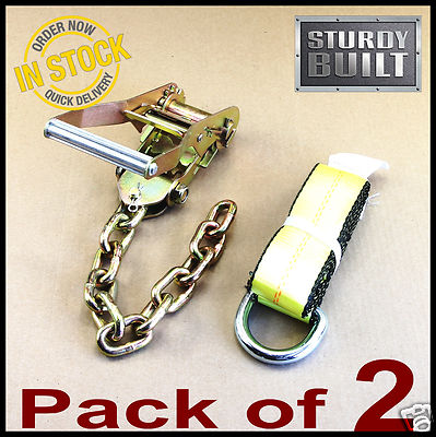 GRIPON 2x Chain Ratchet & 12' Lasso Strap Tow Truck Auto Car Hauler Tie Down