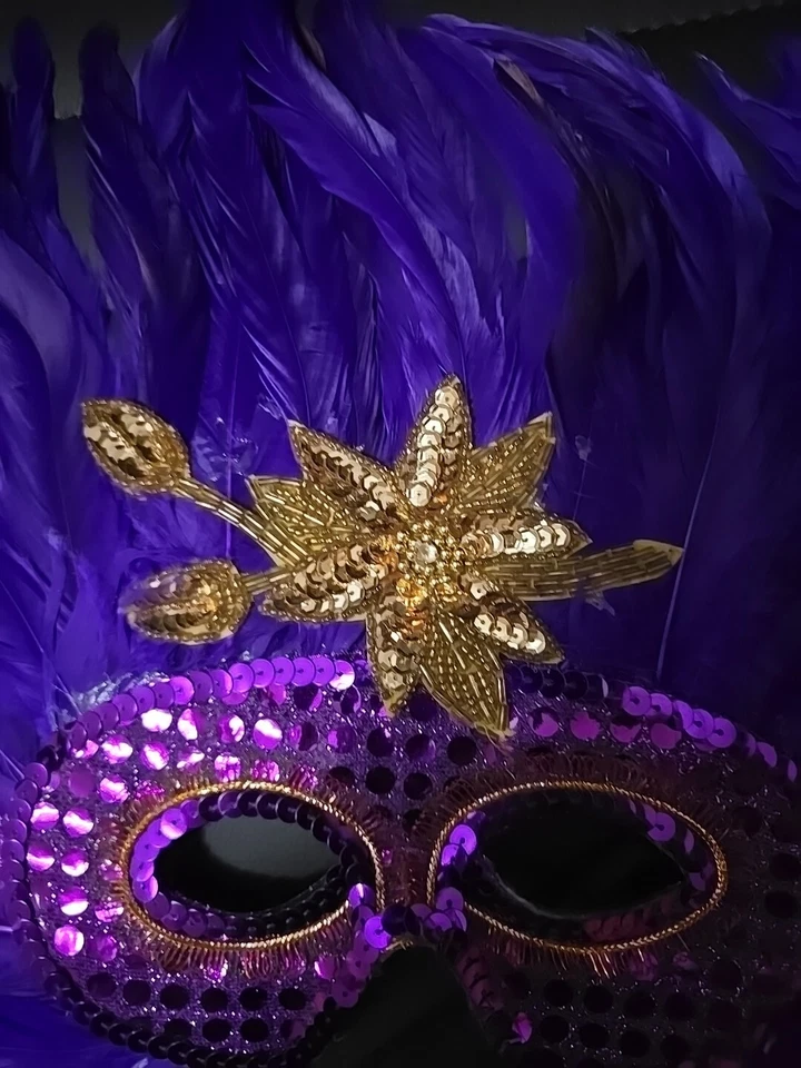 Masquerade Ball Feather Plume Mask Womens Purple Gold New Year Eve Mardi Gras - Image 3 of 4