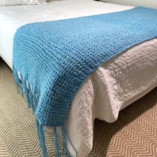 Vintage Handmade Shawl Throw Afghan Blanket Blue Fringe Cottagecore Grandmacore