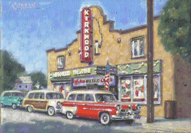 ORIGINAL OIL PAINTING, 1950's CITYSCAPE MOVIE THEATER, listed artist NR!