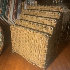 Vintage Desktop Hand Woven Wicker Metal Vinyl Magazine Rack Holder~Tiered MCM