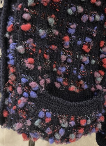 VTG Women SZ L Hand Knit Wool Button Up Pom Pom Cottage Core Blue Sweater - Picture 5 of 10