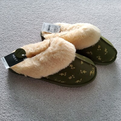 NEXT Womens Green Floral Suede Mule Slippers SIZE MEDIUM New UK
