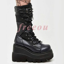 Women Punk High Platform Wedges Heels Gothic Calf Boots Mid Calf Biker Boots