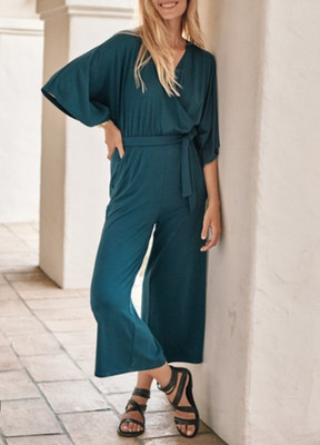NWT Garnet Hill Kimono Sleeve knit Jumpsuit Women's L Teal Green Wide Leg Tencel