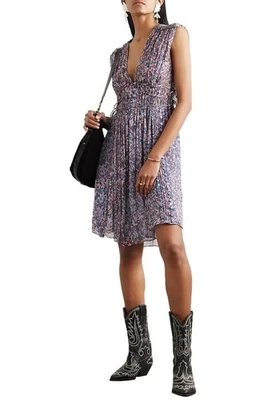 Isabel Marant Mujer Oaxoli Floral Estampado Soie Seda Azul Mini Dress Size S 36 - Imagen 1 de 4