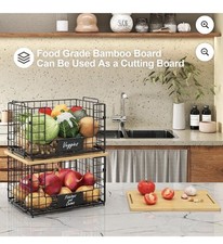 2 Set Large Stackable Wire Basket with Bamboo Tops Tag- Pantry Organizer