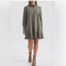 Ellen Tracy Women's Ruffle Flared Hem Half Button Front Olive Dress Size XS