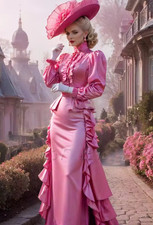 Pink High Neck Wedding Dress Train Medieval Ball Gown Lantern Sleeves Waistline
