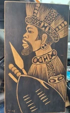 VINTAGE PYROGRAPHY WOOD BURNING ART AFRICAN WARLORD WARRIOR KING HAND DONE NICE