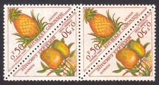 GABON 1962 Pineapple, Mango MNH BLOCK of 2 Pairs, TRIANGULAR STAMPS