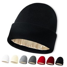 NPQQUAN Unisex Beanie Hats for Men Women Winter Black satin Lined Satin Lined