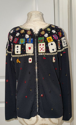 BEREK 2 ''High Roller'' Casino Cardigan Sweater Rhinestones Embroidery Charms sz L