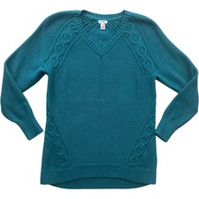 LL Bean Women  s Cable Knit Sweater 100 Cotton Teal Green V-Neck Pullover Small
