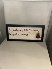 I believe there angels among us framed embroidered wall decor primitive 16”x7”