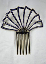 Antique Vintage Art Deco Celluloid  Blue Rhinestone Hair Ornament Comb
