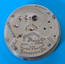 18 SIZE 17 JEWEL HAMILTON GRADE 936 MODEL 1 MOTOR BARREL POCKET WATCH PARTS