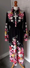 Black Red Pink Bright Floral Print Shirt Dress Maxi Long Sleeve UK 10 Shein