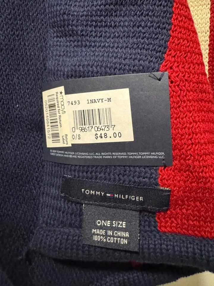 Tommy Hilfiger Bufanda Tejida a Rayas Azul Marino Rojo Blanco 100% Algodón Talla Única Nueva con Etiquetas Foto 2 de 2