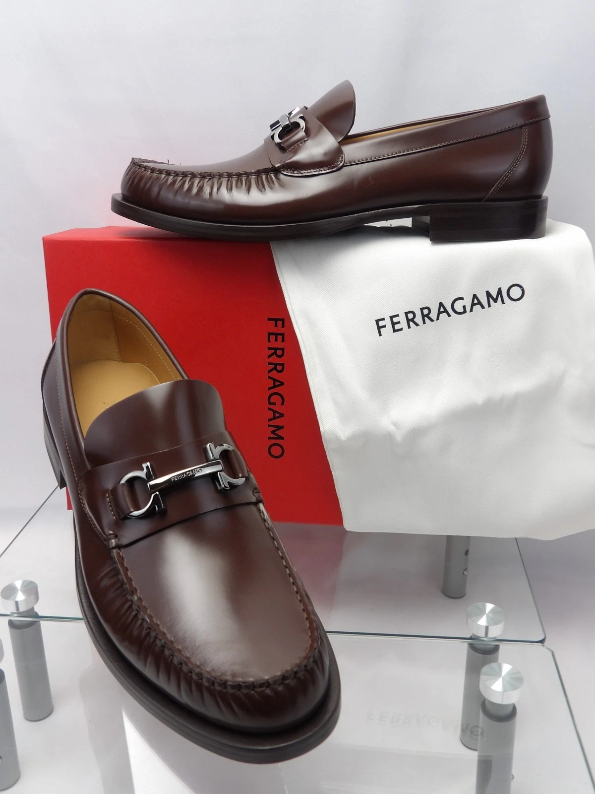 Ferragamo — NIB FERRAGAMO BROWN LEATHER FORT GANCINI BIT LOGO LOAFERS 11 E ITALY